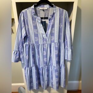 Michelle McDowell, Greek key design on light/dark blue stripe dress, 3/4 sleeve.